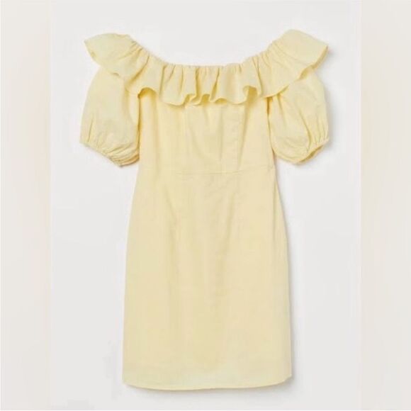 H&M Yellow Linen‎ Blend Off Shoulder Summer Sundress Mini Dress XS NWT - Picture 2 of 8